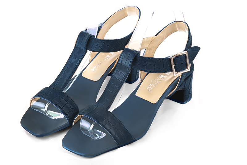 Denim blue fully open sandals with an instep strap. Square toe